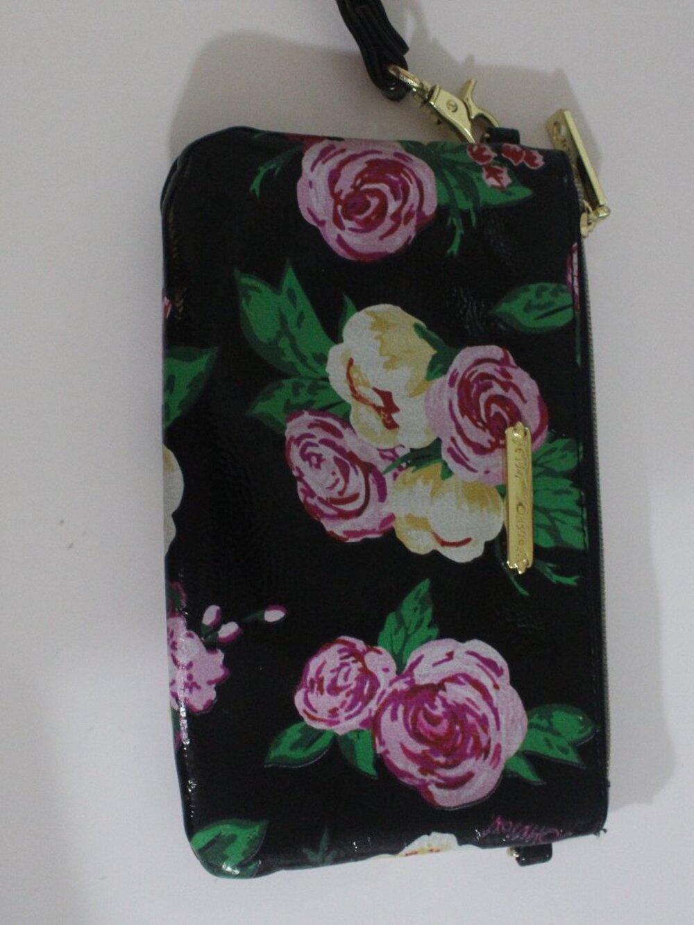 Betsey Johnson Black Floral Zip Wristlet with Gold-Tone Hardware